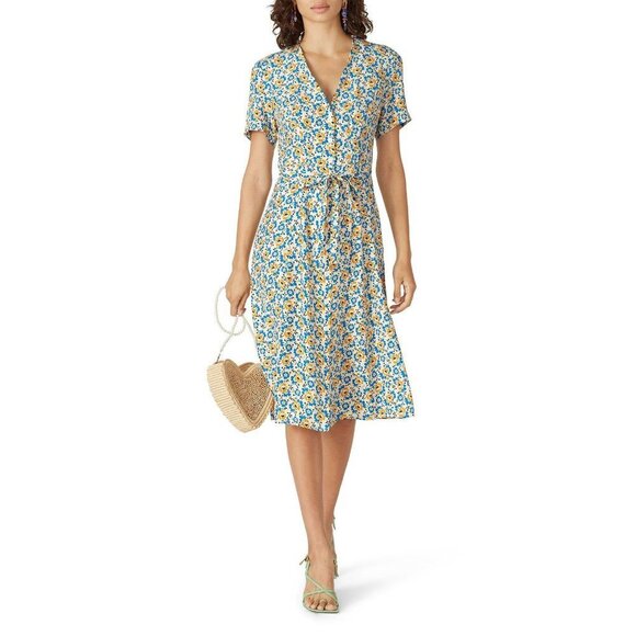 HVN Blue Orange Floral Print V-Neck Rosemary 100% Silk Dress Women's Size 2